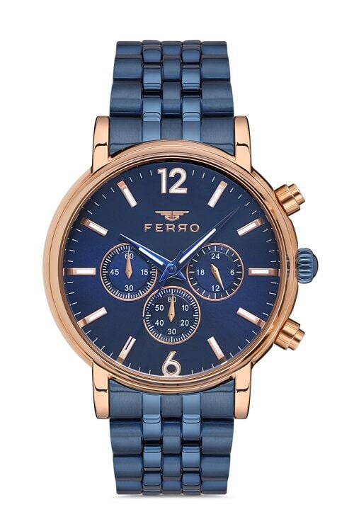 Ferro Lacivert Gümüş Çelik kordon Erkek Kol Saati FM3888A-T Tüm Fonksiyonlar Aktif 3 ATM Su Geçirmez