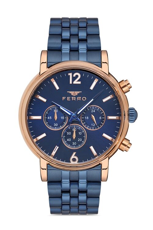 Ferro Lacivert Gümüş Çelik kordon Erkek Kol Saati FM3888A-T Tüm Fonksiyonlar Aktif 3 ATM Su Geçirmez
