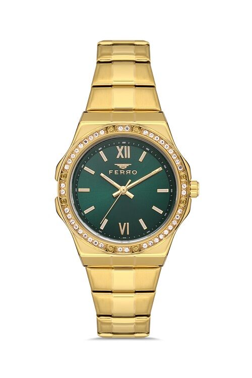 Ferro FL21358A-B6 Quartz Çelik Gold Yeşil Kadran 34 mm Kadın Kol Saati