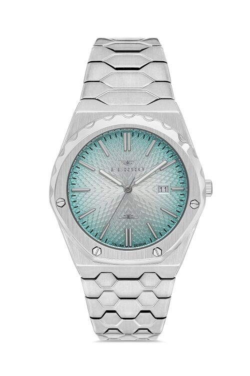Ferro Quartz Çelik Gri Turkuaz Kadran 43 mm Erkek Kol Saati