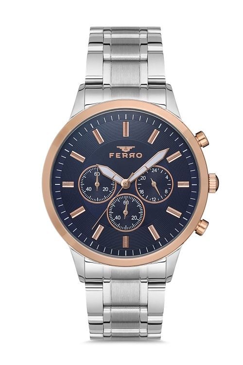 Ferro FM11145A-E3 Quartz Çelik Gri Lacivert Kadran 45 mm Erkek Kol Saati