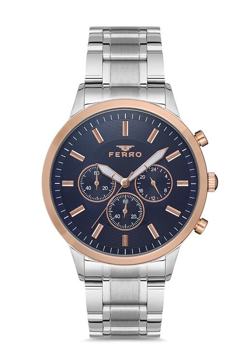 Ferro FM11145A-E3 Quartz Çelik Gri Lacivert Kadran 45 mm Erkek Kol Saati