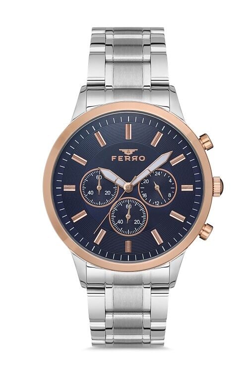 Ferro FM11145A-E3 Quartz Çelik Gri Lacivert Kadran 45 mm Erkek Kol Saati