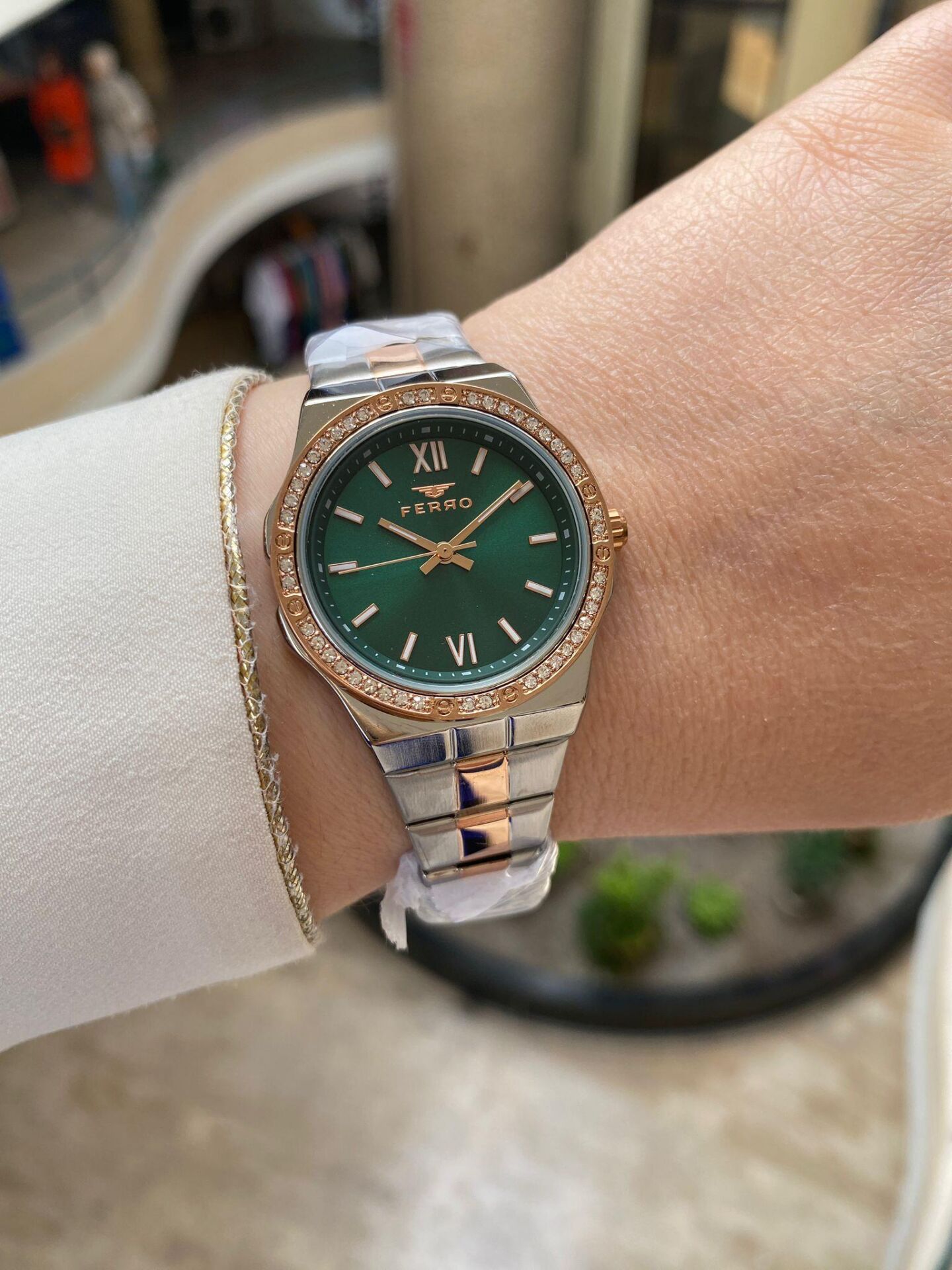Ferro FL21358A-E6 Quartz Çelik Rose Gri Yeşil Kadran 34 mm Kadın Kol Saati