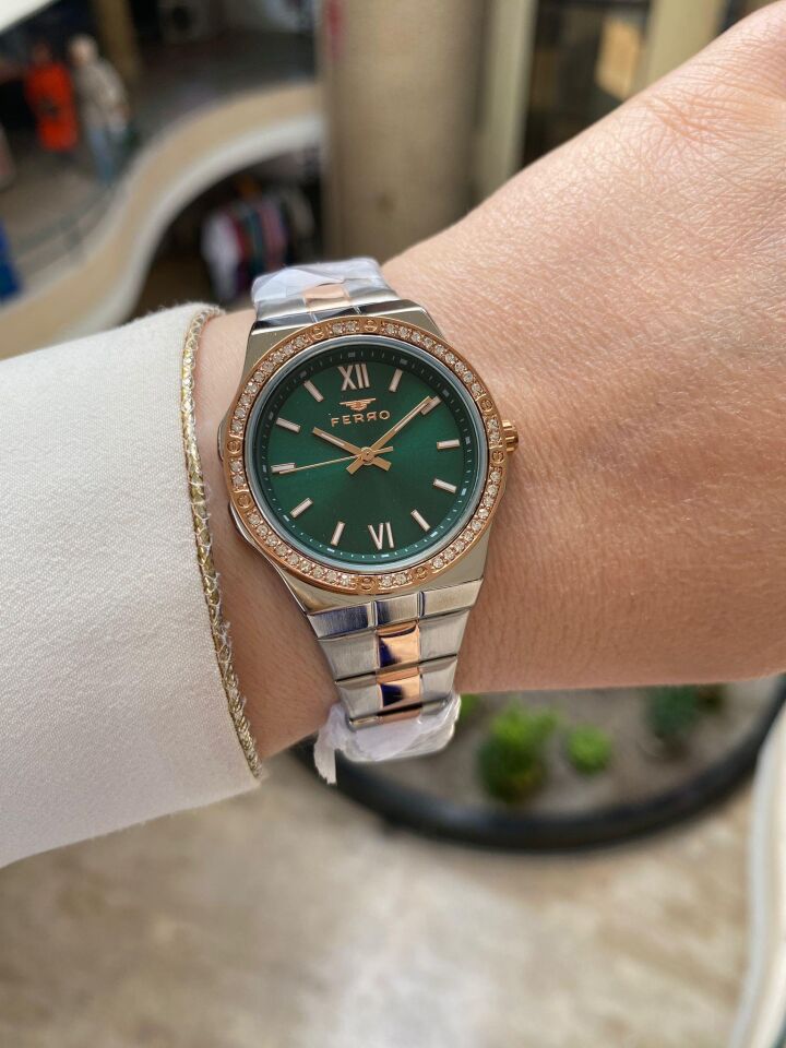 Ferro FL21358A-E6 Quartz Çelik Rose Gri Yeşil Kadran 34 mm Kadın Kol Saati