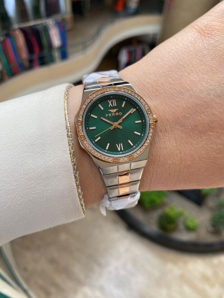 Ferro FL21358A-E6 Quartz Çelik Rose Gri Yeşil Kadran 34 mm Kadın Kol Saati