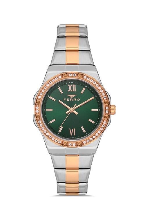 Ferro FL21358A-E6 Quartz Çelik Rose Gri Yeşil Kadran 34 mm Kadın Kol Saati