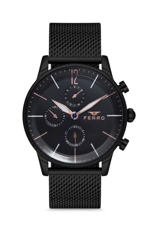 Ferro Quartz Çelik Hasır Siyah 43 mm Erkek Kol Saati