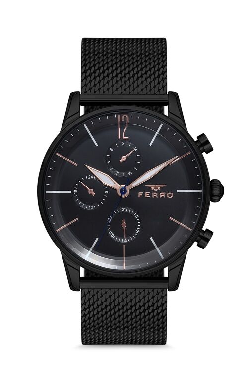 Ferro Quartz Çelik Hasır Siyah 43 mm Erkek Kol Saati