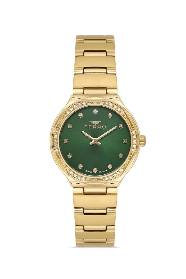 Ferro FL40140A-B6 Quartz Çelik Altın Rengi Yeşil Kadran 31 mm Kadın Kol Saati