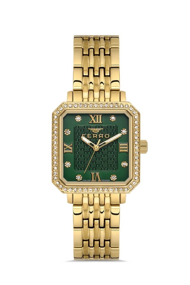 Ferro FL40142A-B6 Quartz Çelik Altın Rengi Yeşil Kadran 26 mm Kadın Kol Saati