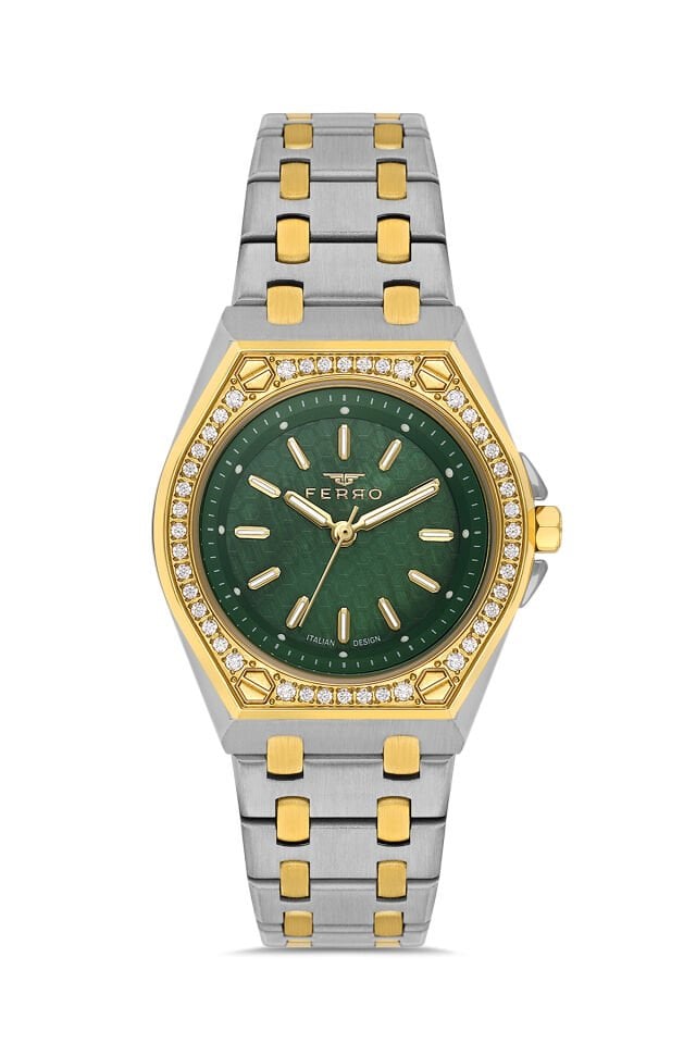 Ferro FL43007A-D6 Quartz Çelik Altın/Gri Yeşil Kadran 33 mm Kadın Kol Saati