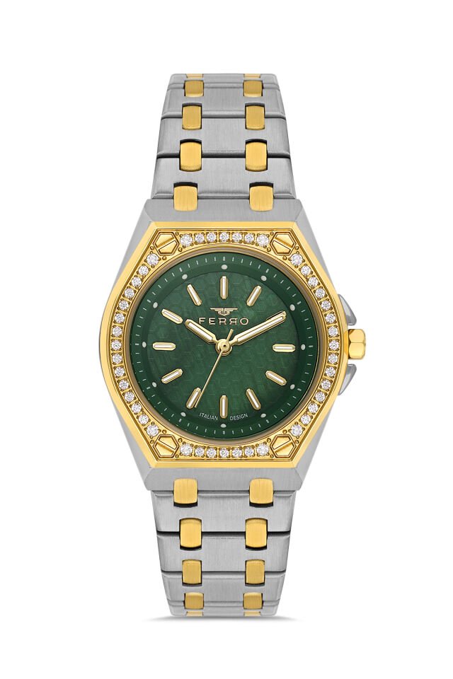 Ferro FL43007A-D6 Quartz Çelik Altın/Gri Yeşil Kadran 33 mm Kadın Kol Saati