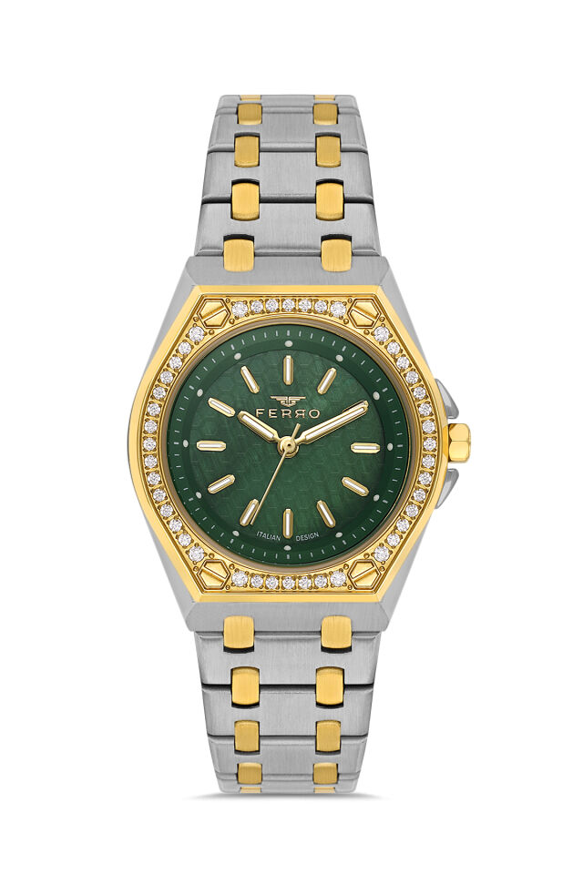 Ferro FL43007A-D6 Quartz Çelik Altın/Gri Yeşil Kadran 33 mm Kadın Kol Saati