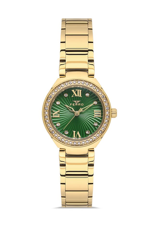 Ferro Fl21611AWT-B6 Quartz Çelik Altın Rengi Yeşil Kadran 26 mm Kadın Kol Saati