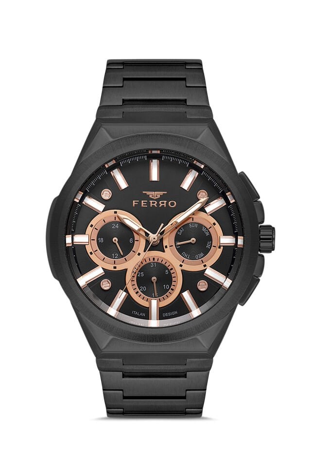 Ferro Siyah Çelik Kordon Erkek Kol Saati FM11505A-G Fonksiyonları Aktif 3ATM Su Geçirmez HediyePaket