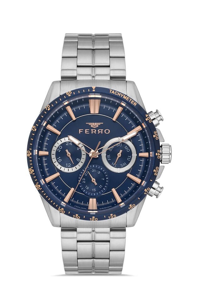 Ferro Gümüş Çelik Kordon Erkek Kol Saati FM40139A-L Tüm Fonksiyonlar Aktif 3 ATM Su Geçirmez