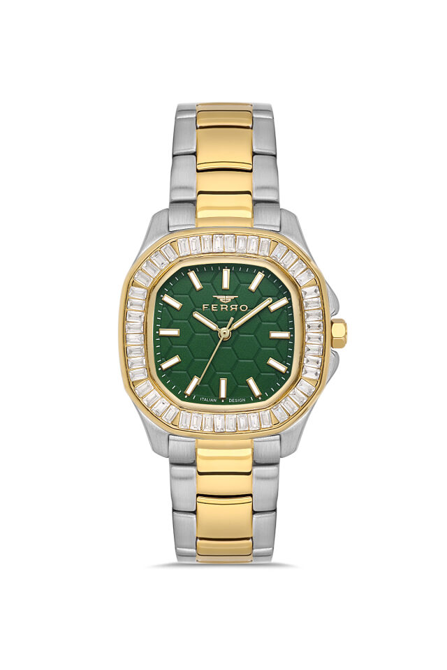 Ferro FL43008A-D6 Quartz Çelik Altın/Gri Yeşil Kadran 31 mm Kadın Kol Saati
