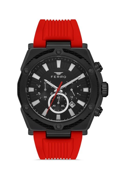 Ferro FM31396D-ZK Quartz Silikon Bordo Siyah Kadran 48 mm Fonksiyonları Aktif Erkek Kol Saati