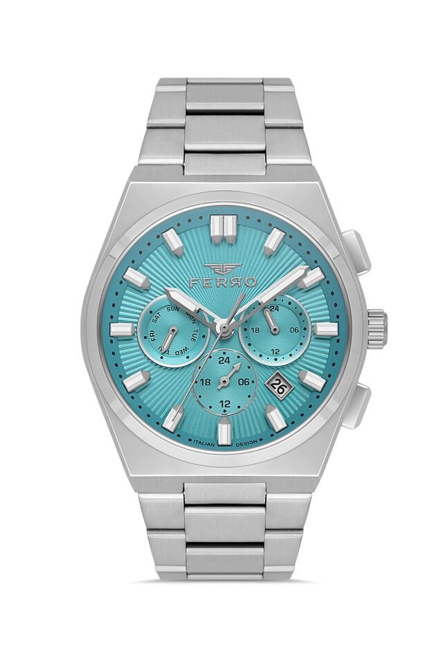 Ferro FM43027A-A15 Quartz Çelik Gri Turkuaz Kadran 42 mm Erkek Kol Saati