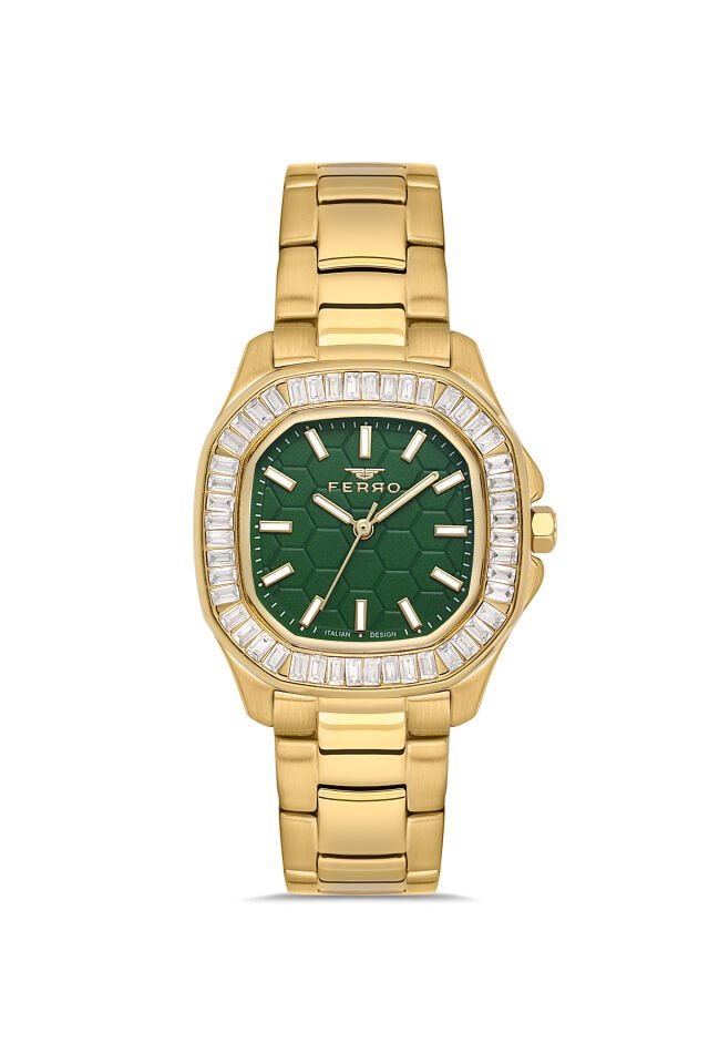 Ferro FL43008A-B6 Quartz Çelik Altın Rengi Yeşil Kadran 31 mm Kadın Kol Saati