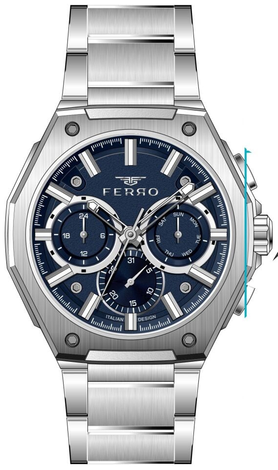 Ferro Gümüş Çelik Kordon Erkek Kol Saati FM43023AWT-A3 Tüm Fonksiyonlar Aktif 3ATM Su Geçirmez