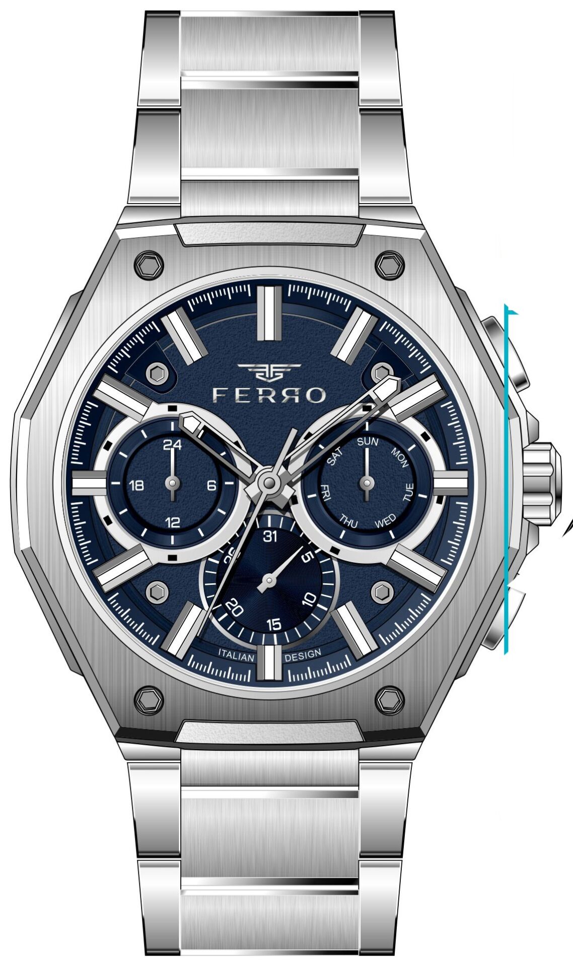 Ferro Gümüş Çelik Kordon Erkek Kol Saati FM43023AWT-A3 Tüm Fonksiyonlar Aktif 3ATM Su Geçirmez