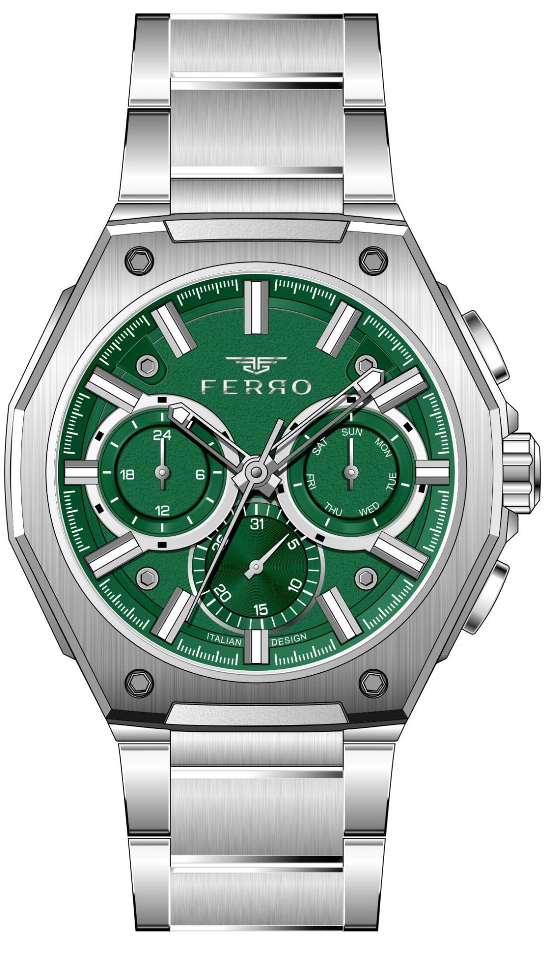 Ferro Gümüş Çelik Kordon Erkek Kol Saati FM43023AWT-A6 Tüm Fonksiyonlar Aktif 3ATM Su Geçirmez