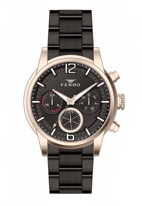 Ferro FM31916A-R Siyah Çelik Kordon 45 mm Fonksiyonlu Erkek Kol Saati