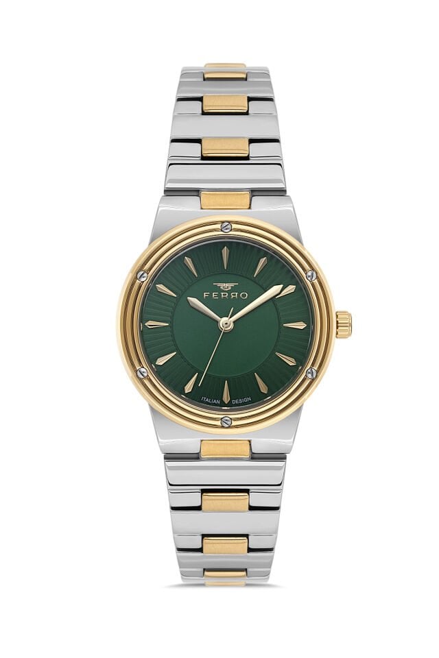 Ferro FL21586AWT-D6 Quartz Çelik Altın/Gri Yeşil Kadran 31 mm Kadın Kol Saati