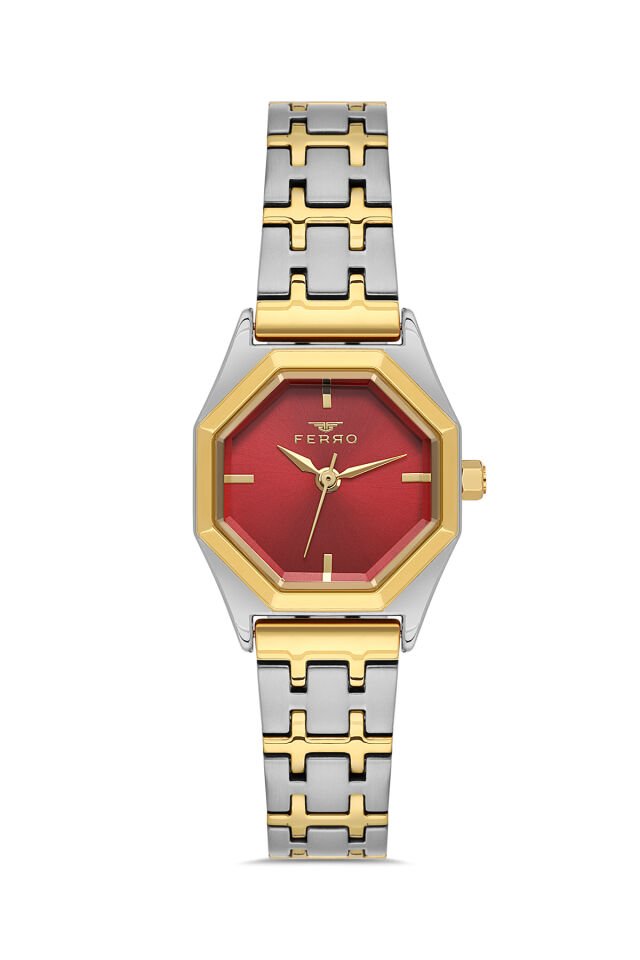 Ferro FL43019A-D8 Quartz Çelik Altın/Gri Kırmızı Kadran 26 mm Kadın Kol Saati
