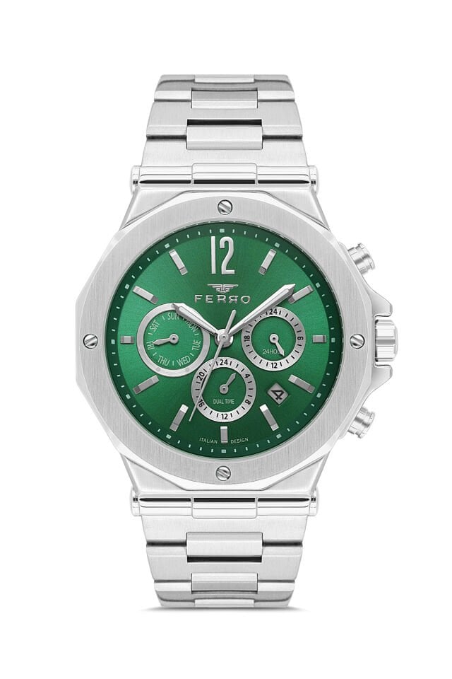 Ferro FM43020A-A6 Quartz Çelik Gri Yeşil Kadran 43 mm Erkek Kol Saati