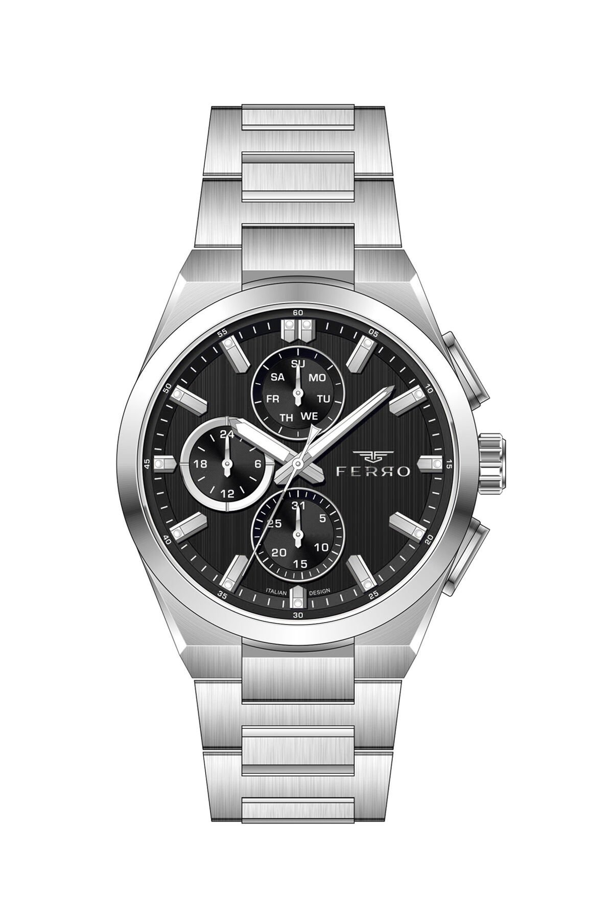 Ferro Gümüş Çelik Kordon Erkek Kol Saati FM43037A-A2 Tüm Fonksiyonlar Aktif 3ATM Su Geçirmez