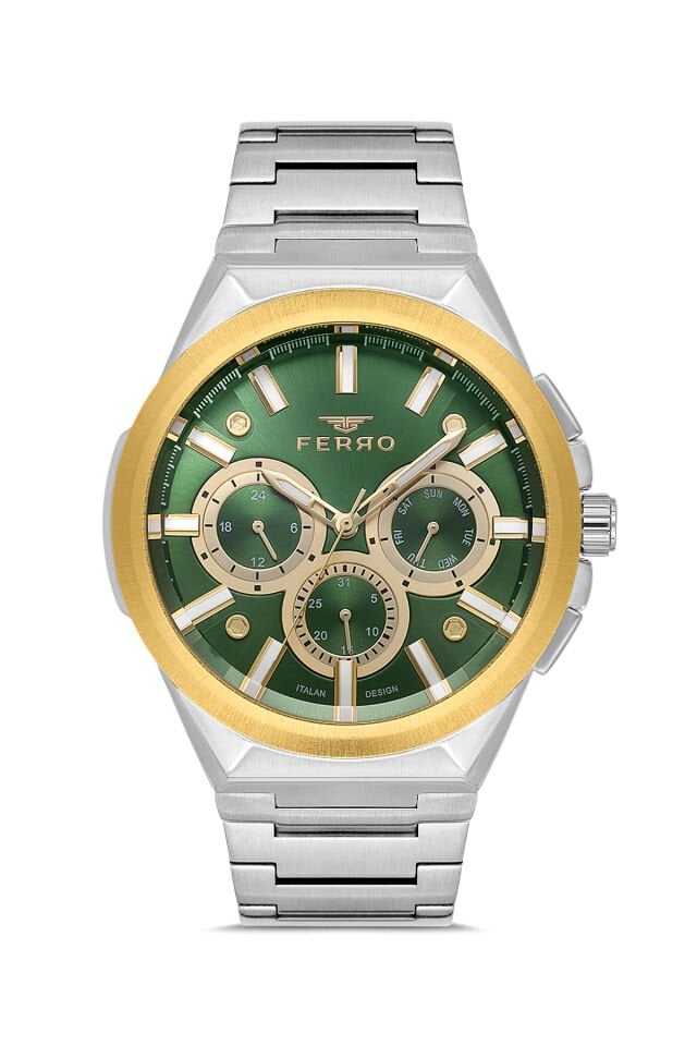 Ferro FM11505AWT-D6 Quartz Çelik Gri Yeşil Kadran 46 mm Erkek Kol Saati