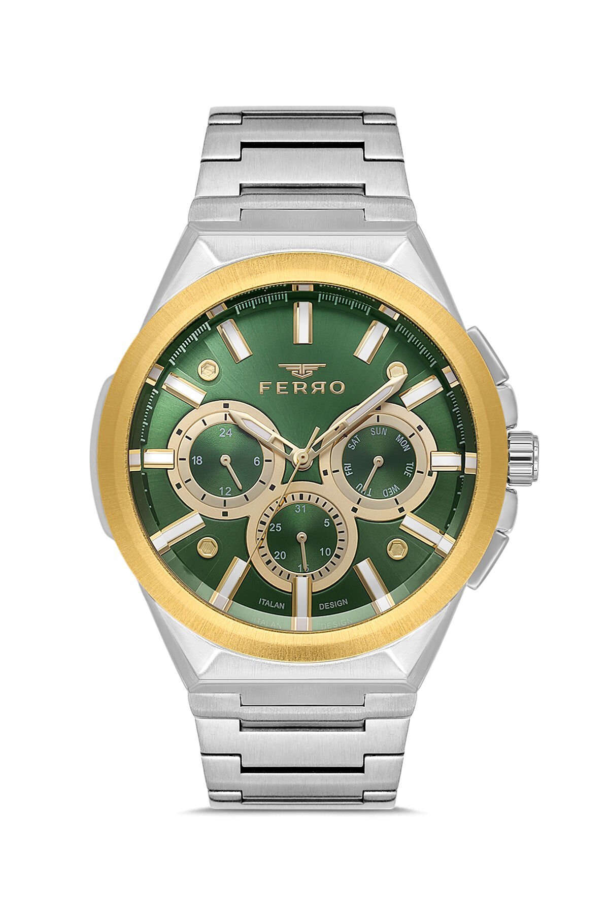 Ferro FM11505AWT-D6 Quartz Çelik Gri Yeşil Kadran 46 mm Erkek Kol Saati