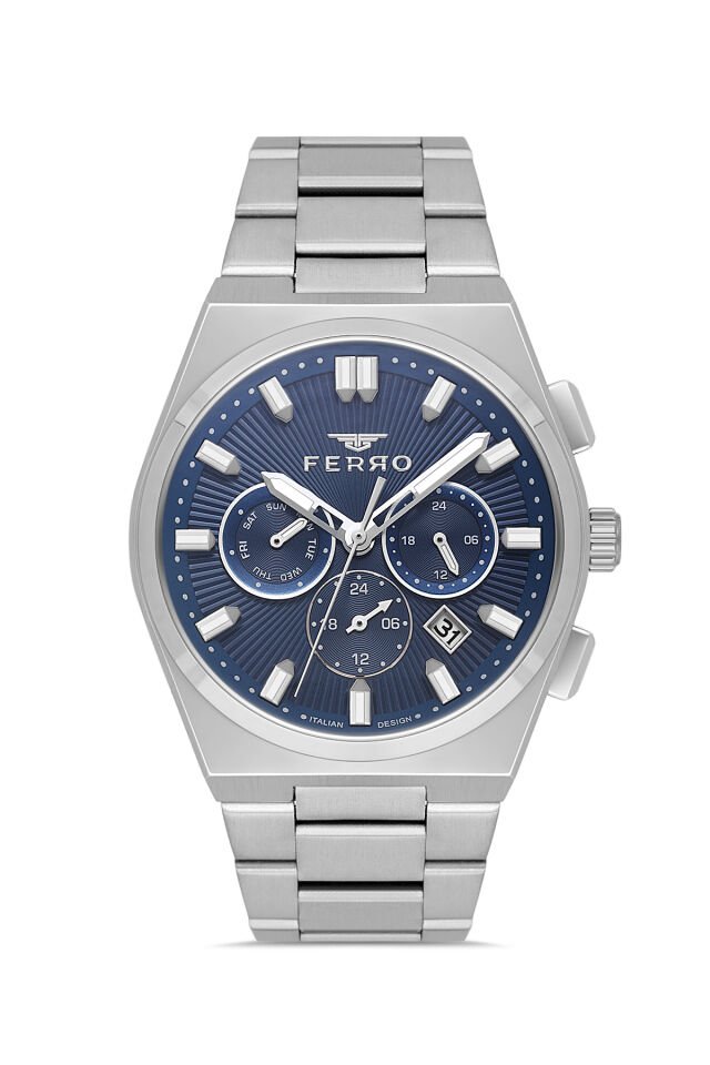 Ferro FM43027A-A3 Quartz Çelik Gri Lacivert Kadran 42 mm Erkek Kol Saati