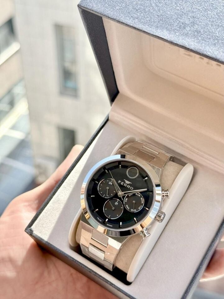 Ferro FM11568AWT-A2 Quartz Çelik Gri Siyah Kadran 44 mm Erkek Kol Saati