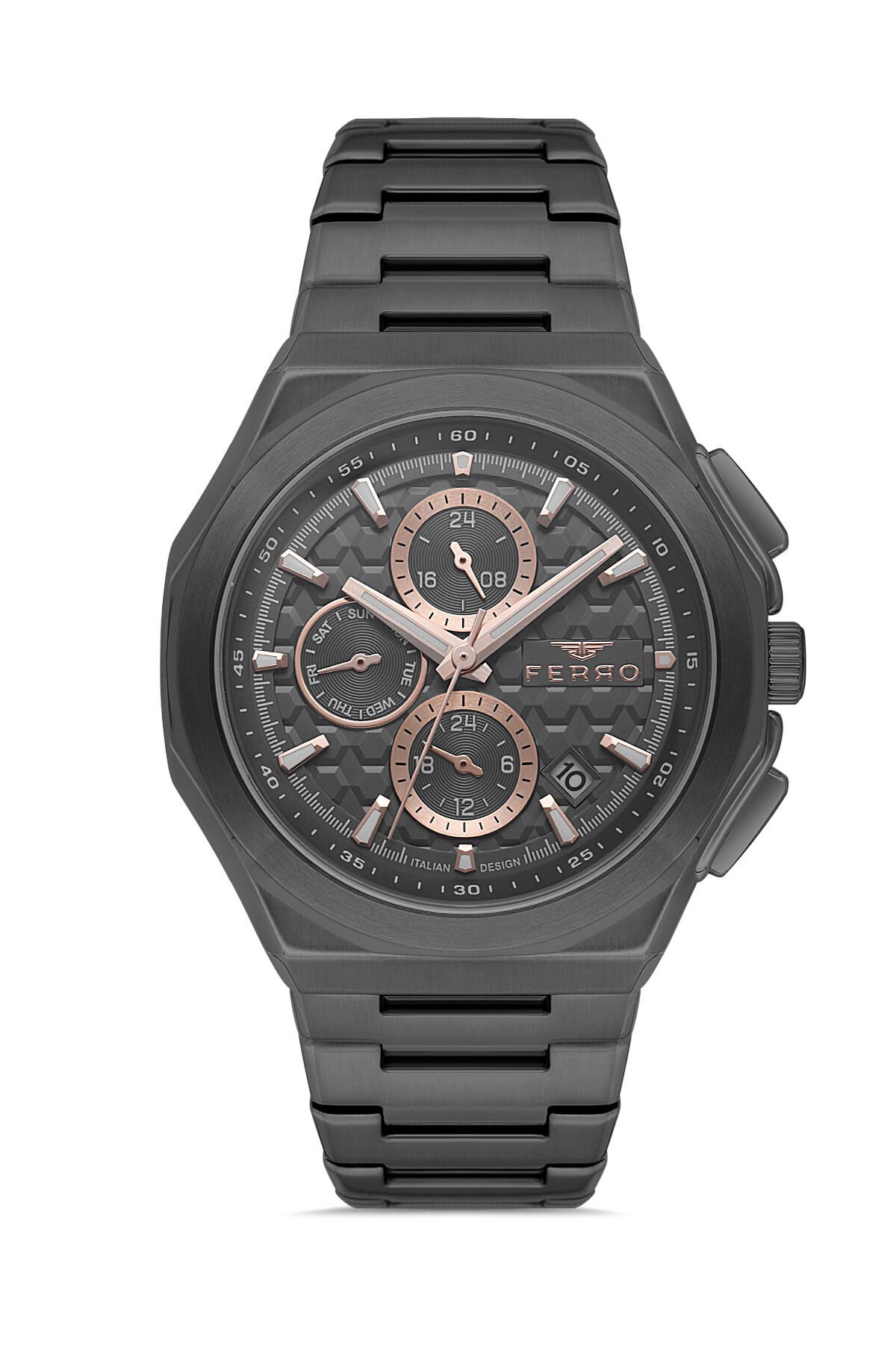 Ferro Siyah Çelik Kordon Erkek Kol Saati FM43024A-V Tüm Fonksiyonlar Aktif 3ATM Su Geçirmez