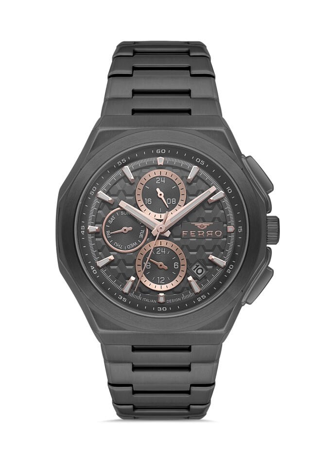 Ferro Siyah Çelik Kordon Erkek Kol Saati FM43024A-V Tüm Fonksiyonlar Aktif 3ATM Su Geçirmez