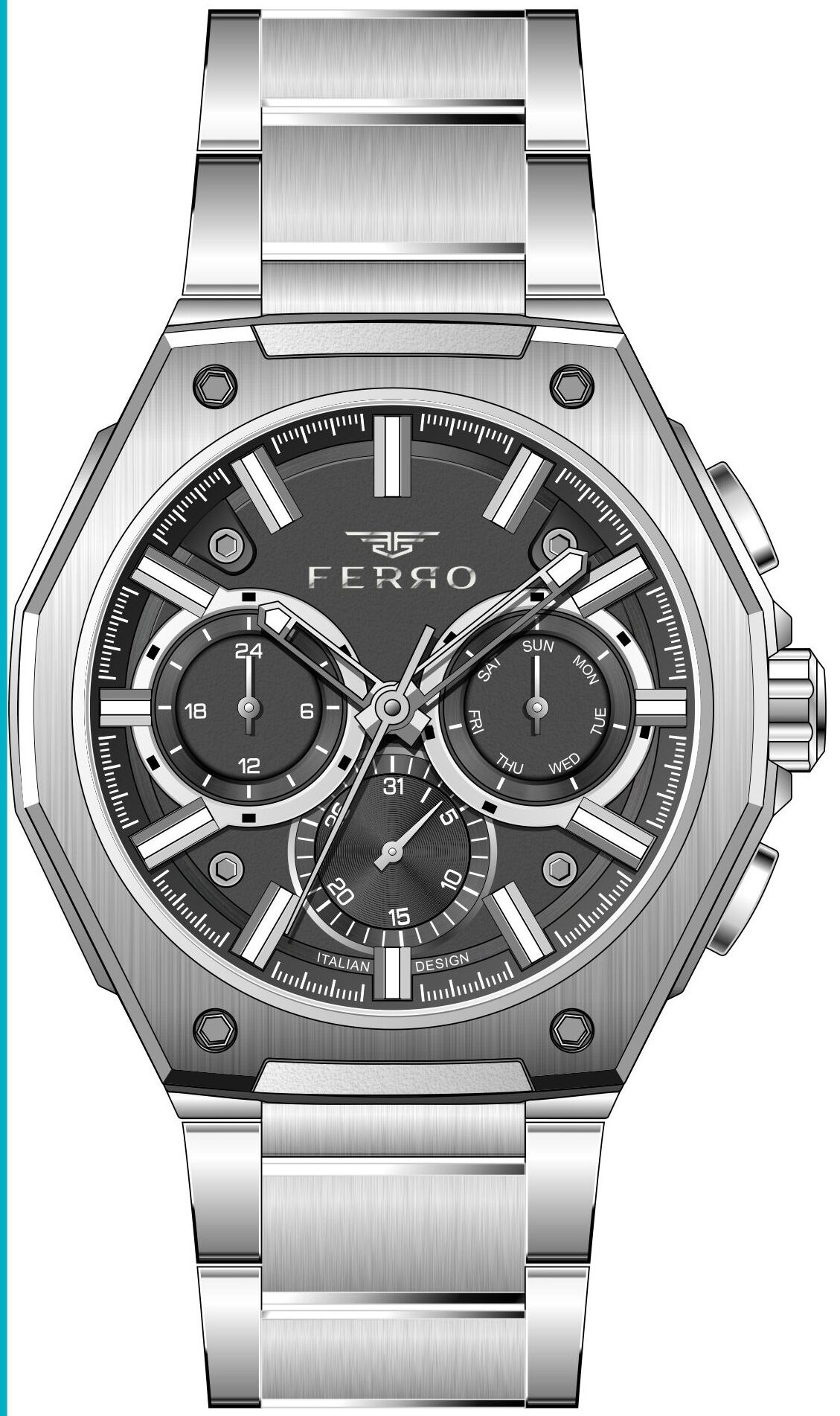 Ferro Gümüş Çelik Kordon Erkek Kol Saati FM43023AWT-A2 Tüm Fonksiyonlar Aktif 3ATM Su Geçirmez