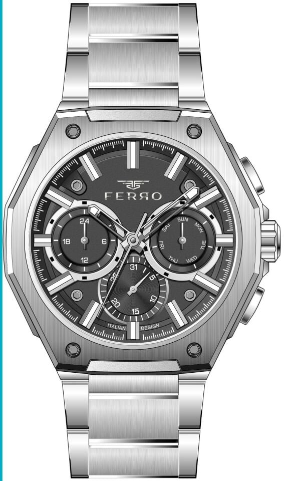 Ferro Gümüş Çelik Kordon Erkek Kol Saati FM43023AWT-A2 Tüm Fonksiyonlar Aktif 3ATM Su Geçirmez