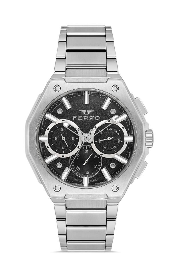 Ferro Gümüş Çelik Kordon Erkek Kol Saati FM43023AWT-A2 Tüm Fonksiyonlar Aktif 3ATM Su Geçirmez