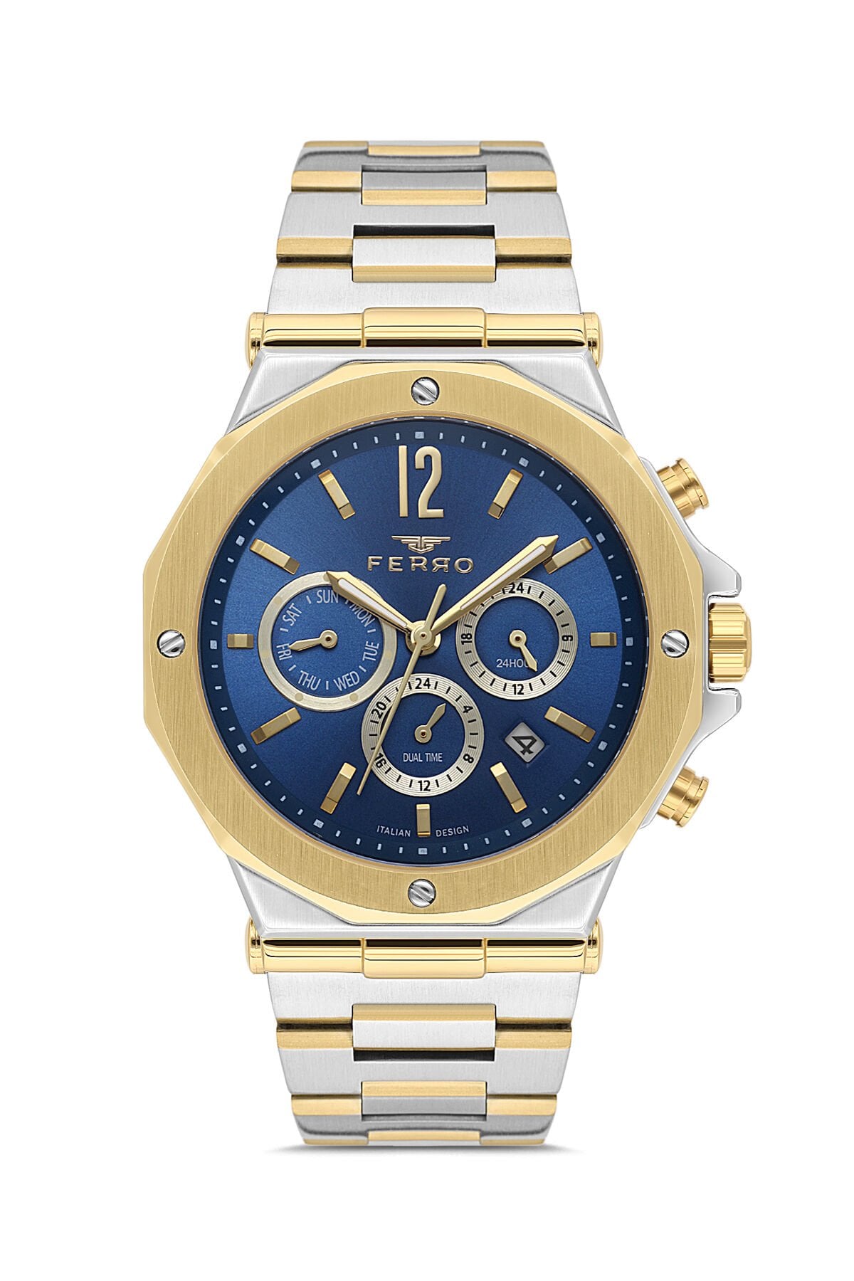 Ferro Sarı ve Gümüş Çelik Kordon Erkek Kol Saati FM43020A-D3 Tüm Fonksiyonlar Aktif 3ATM Su Geçirmez