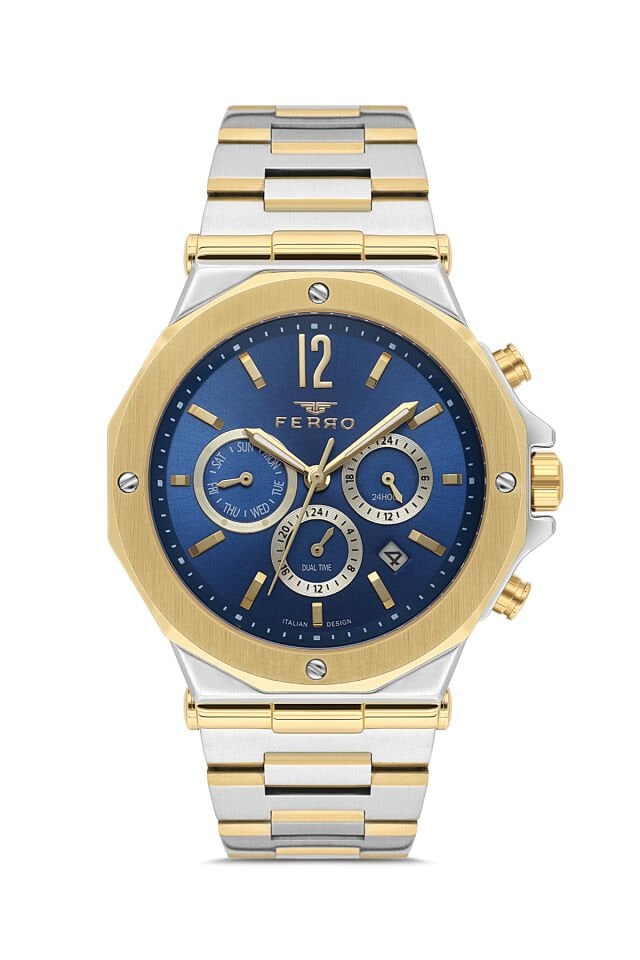 Ferro Sarı ve Gümüş Çelik Kordon Erkek Kol Saati FM43020A-D3 Tüm Fonksiyonlar Aktif 3ATM Su Geçirmez
