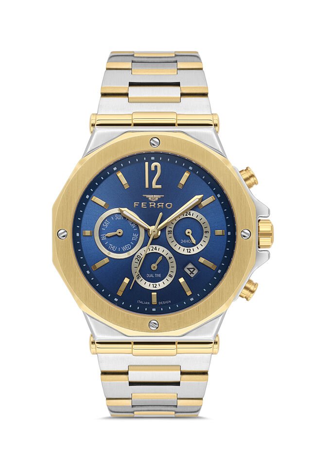 Ferro Sarı ve Gümüş Çelik Kordon Erkek Kol Saati FM43020A-D3 Tüm Fonksiyonlar Aktif 3ATM Su Geçirmez
