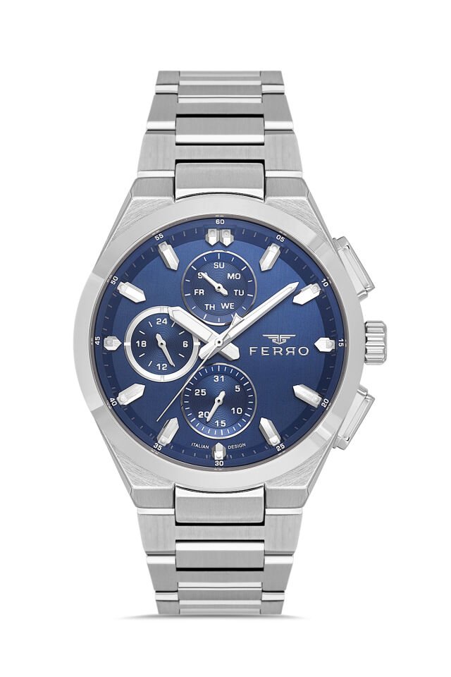 Ferro FM43037A-A3 Quartz Çelik Gri Lacivert Kadran 44 mm Erkek Kol Saati