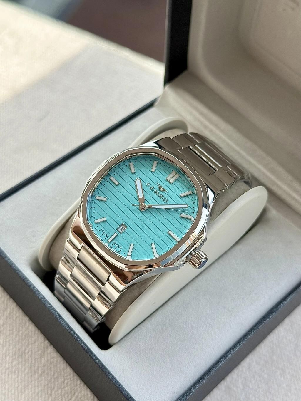 Ferro FM11648AWT-A15 Quartz Çelik Gri Turkuaz Kadran 40 mm Erkek Kol Saati