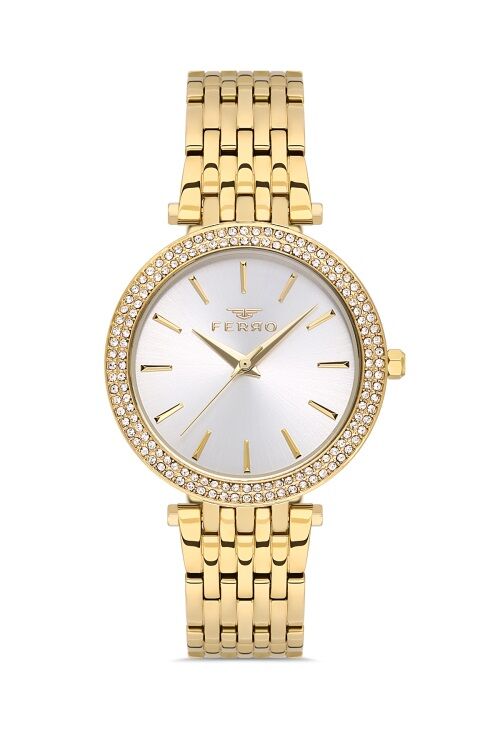 Ferro Sarı Çelik Kordon Kadın Kol Saati FL21449A-B 3ATM Su Geçirmez 2 Yıl Garantili HediyePaketli