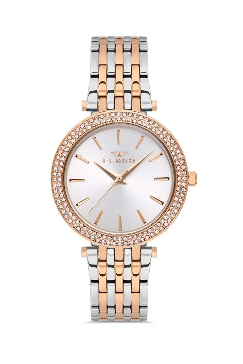 Ferro Rose ve Gümüş Çelik Kordon Kadın Kol Saati FL21449A-E 3ATM Su Geçirmez 2 Yıl Garantili