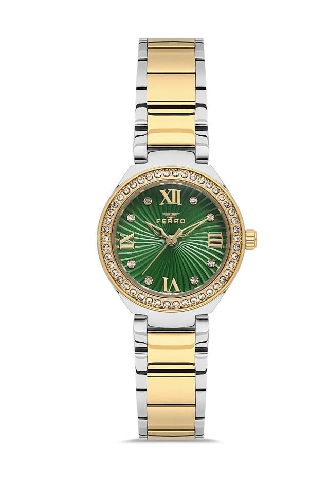 Ferro Fl21611AWT-D6 Quartz Çelik Altın/Gri Yeşil Kadran 26 mm Kadın Kol Saati